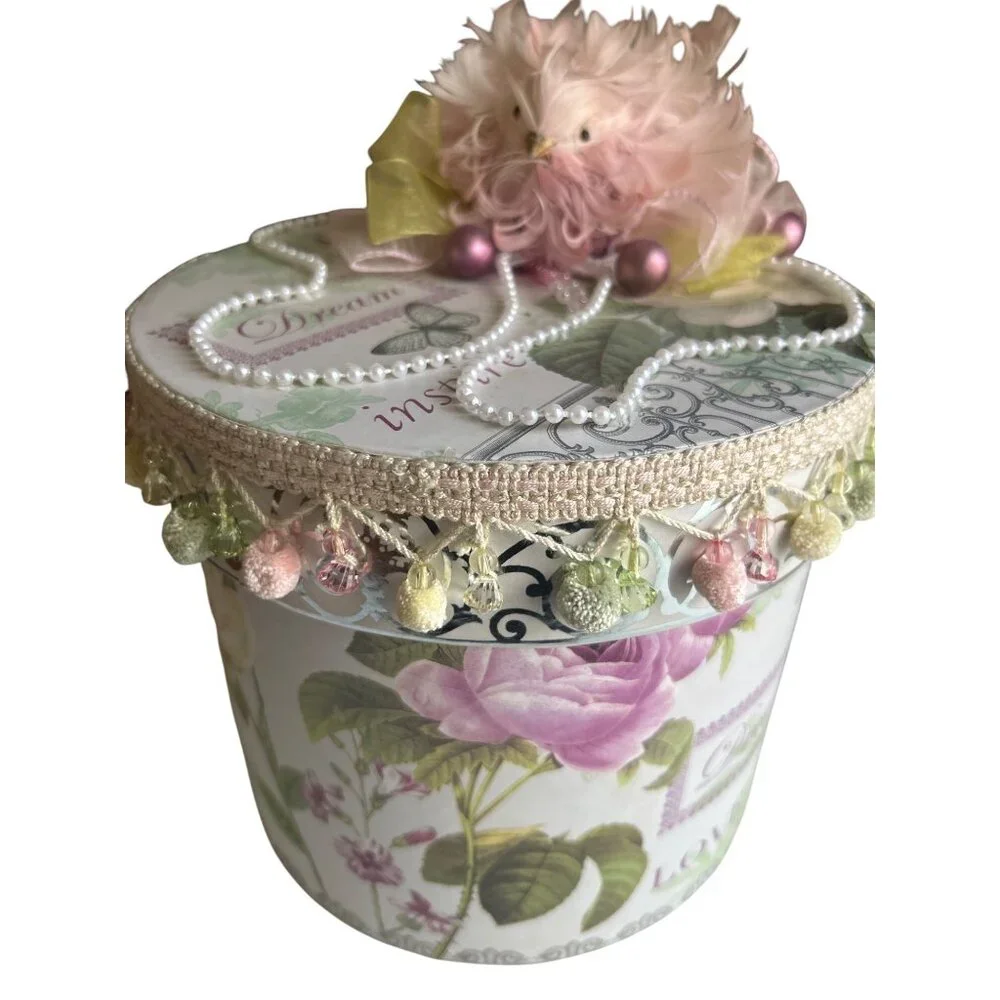Handcrafted Floral Decorative Storage Box With Pink Feather Bird & Beads